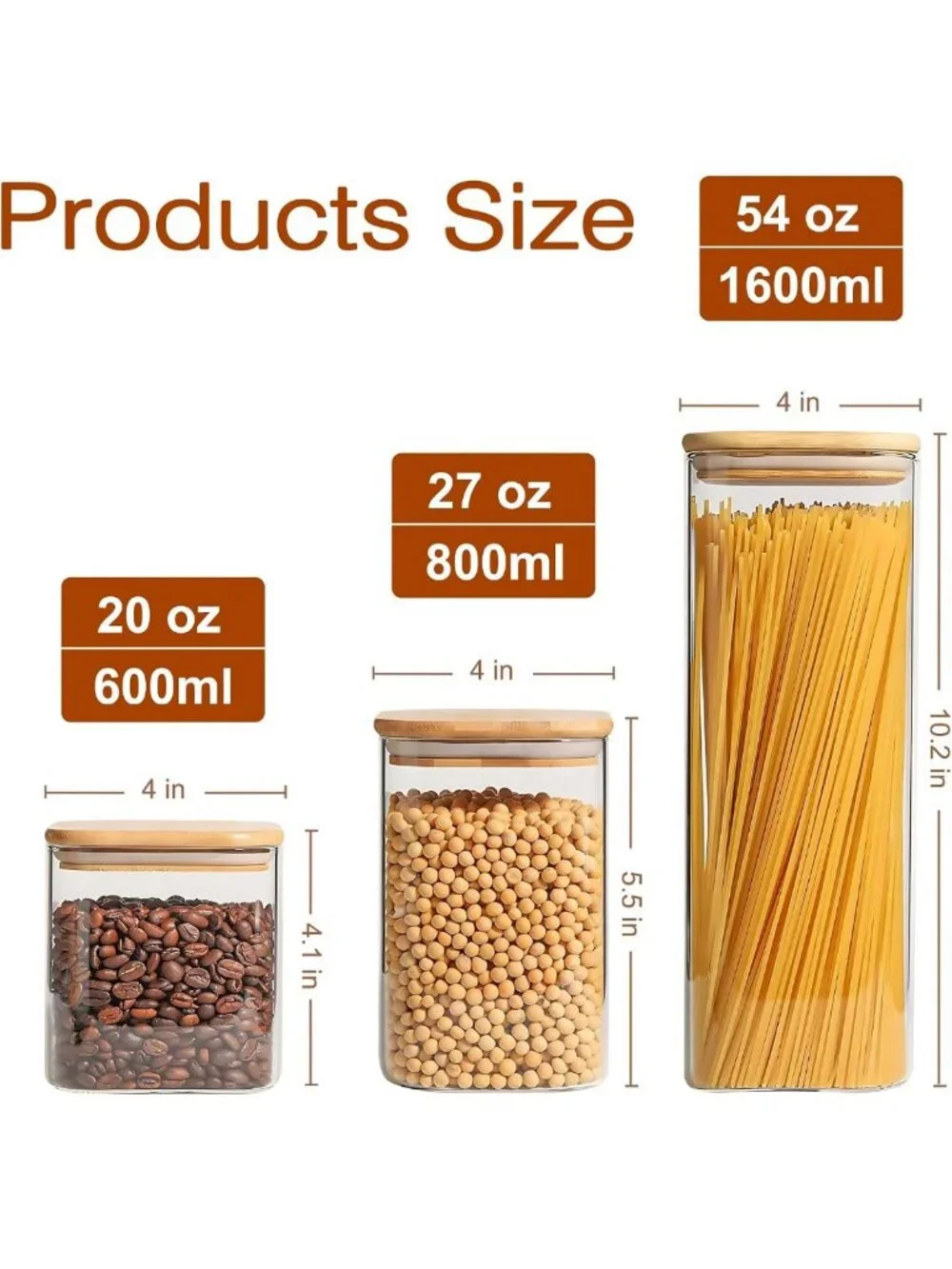 Airtight Glass Storage Jars Set of 5 with Bamboo Lids - Clear Kitchen Canisters